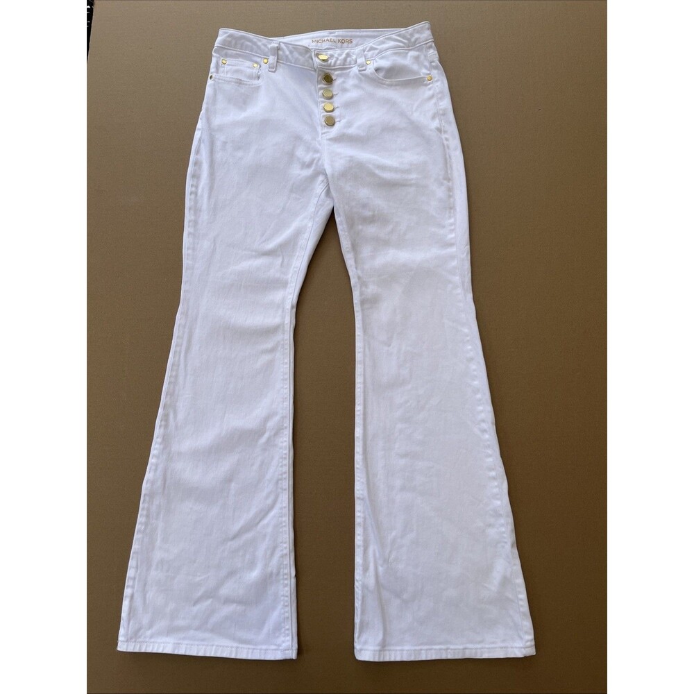 MICHAEL KORS White Jeans Women's Size 10 Cotton Blend Flare Leg Gold Buttons